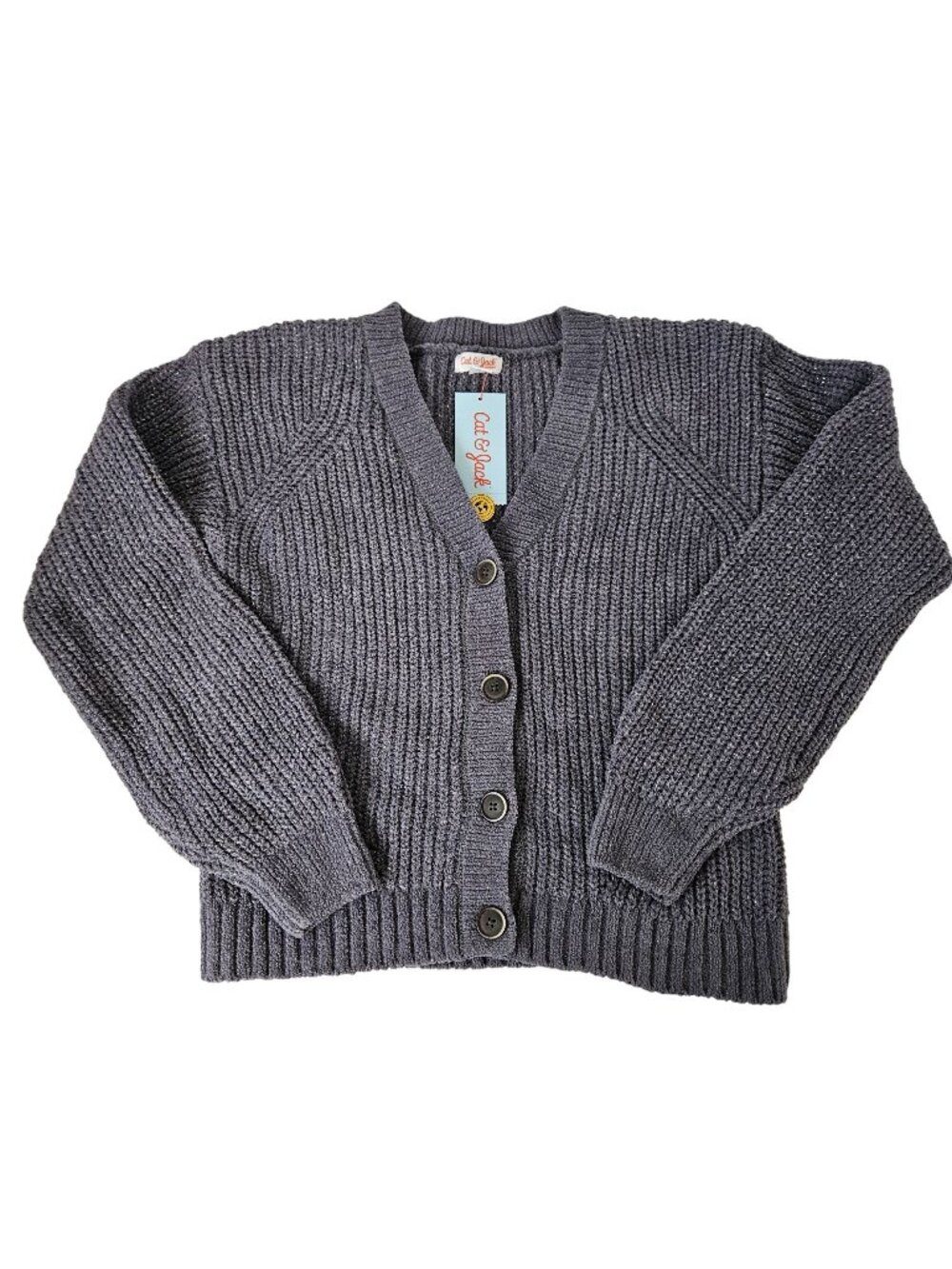 Cat & Jack Girls Gray Knit Button-Up Cardigan Sweater L (10/12) Sparkly Cozy